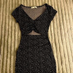 Black V-neck dress with floral pattern
